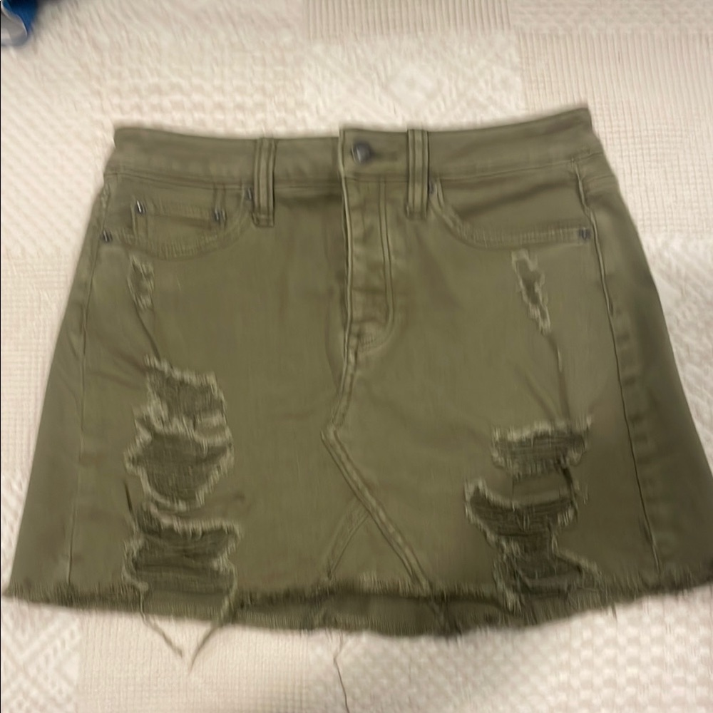 Olive Distressed Denim Skirt
